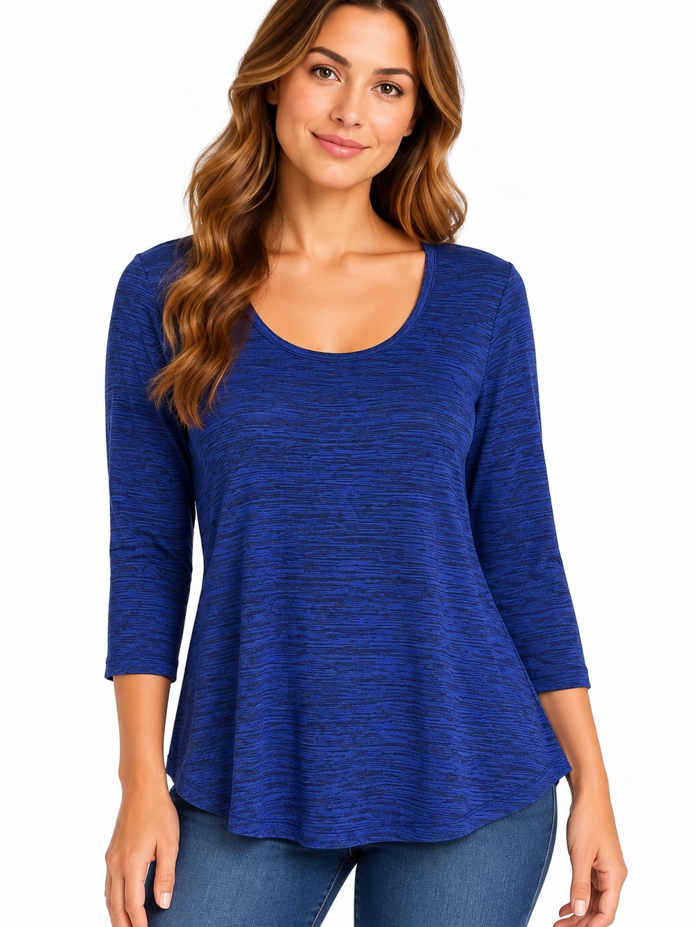 Van Heusen Blue Heathered Scoop Neck 3/4 Sleeve Swing Top Size M